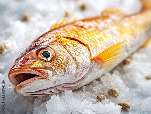 A fresh fish resting on a bed of ice, showcasing vibrant colors and intricate details, ideal for culinary presentations or seafood dishes.