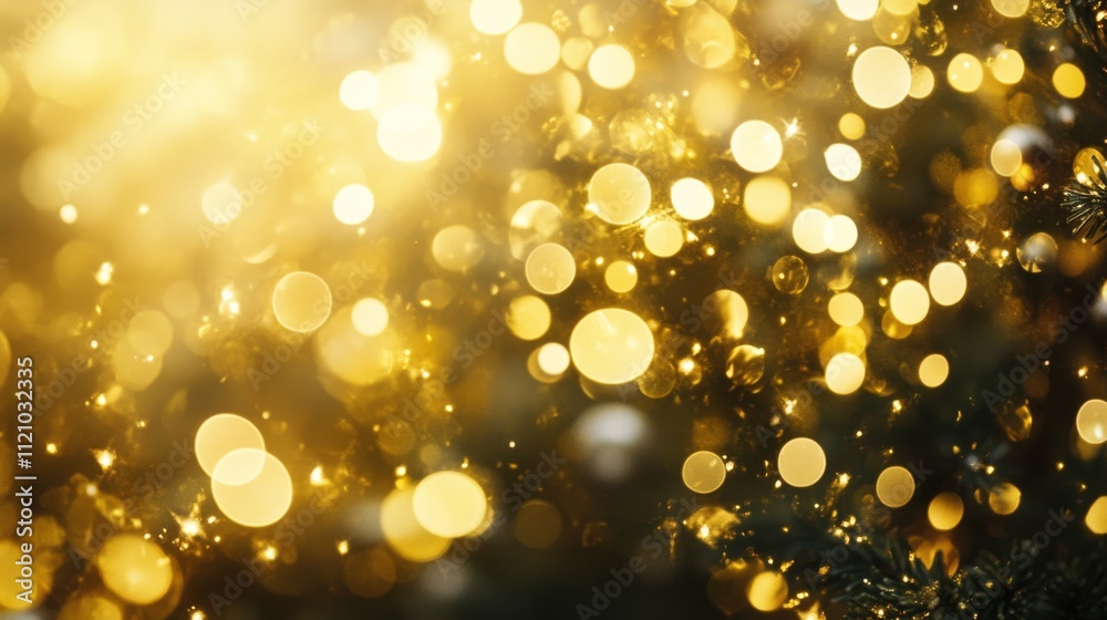 Christmas tree with soft gold lights blurring in the background for festive holiday atmosphere
Christmas tree with soft gold lights blurring in the background for festive holiday atmosphere