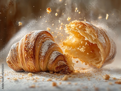 A flaky croissant bursts open, revealing a golden interior, surrounded by crumbs and a sprinkle of powdered sugar, capturing a moment of deliciousness.