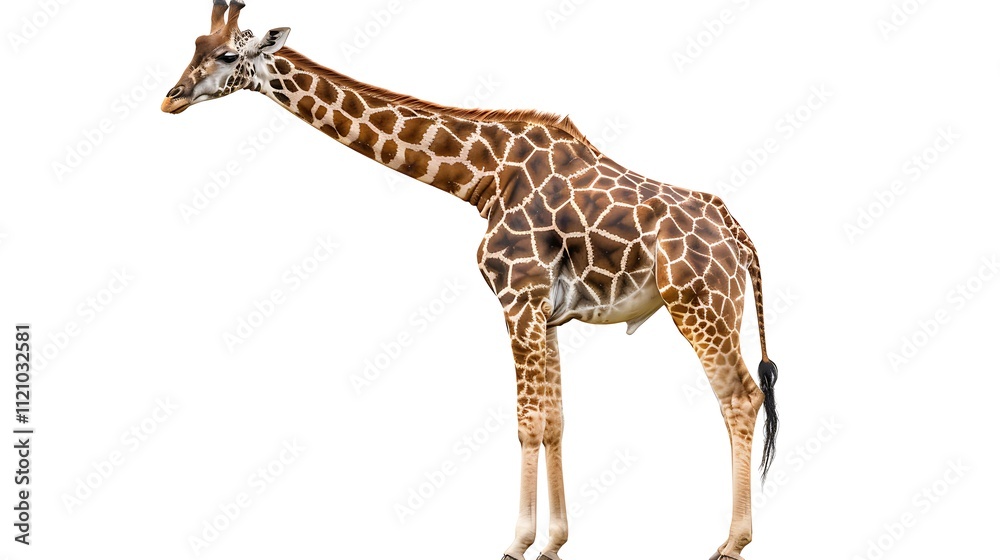 Fototapeta premium Graceful giraffe with long neck extended on white.