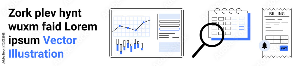 Graphs on a screen, calendar, magnifying glass, billing invoice, and text Vector Illustration. Ideal for business analytics, data presentation, scheduling, financial management, research, planning Graphs on a screen, calendar, magnifying glass, billing invoice, and text Vector Illustration. Ideal for business analytics, data presentation, scheduling, financial management, research, planning