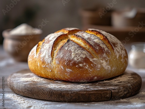A rustic loaf of freshly baked bread, dusted with flour, sitting on a wooden board, surrounded by cooking utensils and ingredients.