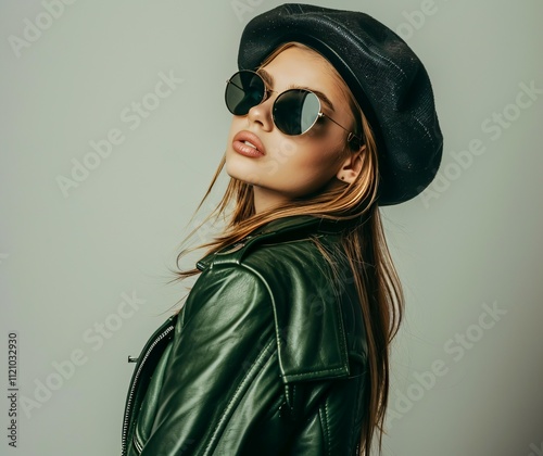 Young trendy woman in a black beret and green leather jacket posing, isolated on gray.