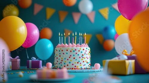 Dining room with a large table covered in birthday decorations, colorful balloons and ribbons, cake and gifts, family celebration setting