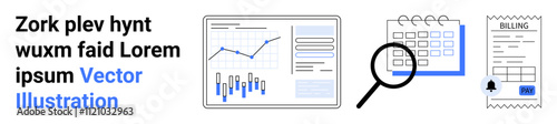 Graphs on a screen, calendar, magnifying glass, billing invoice, and text Vector Illustration. Ideal for business analytics, data presentation, scheduling, financial management, research, planning
