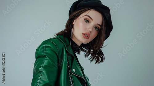 Young trendy woman in a black beret and green leather jacket posing, isolated on gray.
