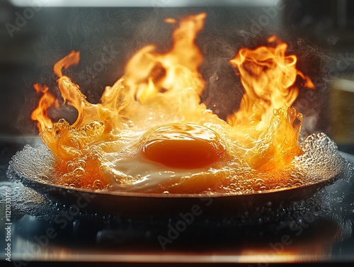 A vibrant image of a frying egg surrounded by flames, showcasing a dramatic cooking moment with splashes of hot oil and intense heat.