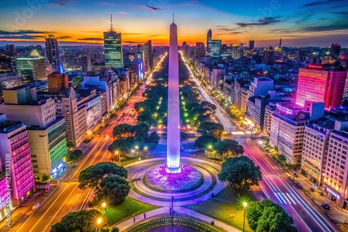 Aerial Buenos Aires Obelisk Night Neon Lights Drone Panorama