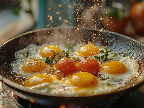 A vibrant skillet with multiple sunny-side-up eggs, garnished with herbs, sizzling under a sprinkle of seasoning.