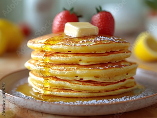 A stack of fluffy pancakes topped with butter and fresh strawberries, drizzled with syrup, served on a plate with lemon slices in the background.