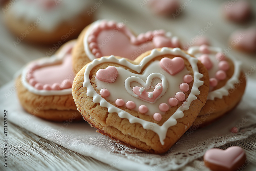 A close-up of heart-shaped cookies with pink and white icing, perfect for Valentine’s Day marketing. A simple, elegant food photo to highlight the treat. A close-up of heart-shaped cookies with pink and white icing, perfect for Valentine’s Day marketing. A simple, elegant food photo to highlight the treat.