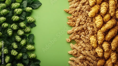 Hop and barley border on green. Perfect for beer, brewing, or harvest themes. photo