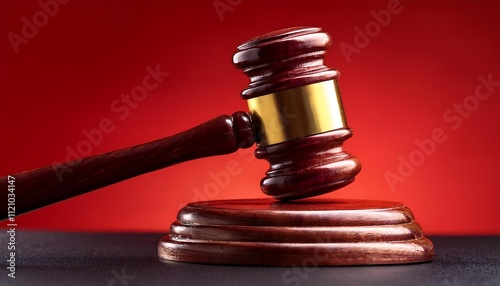 Wooden gavel with gold band rests on its sound block against a red backdrop. photo