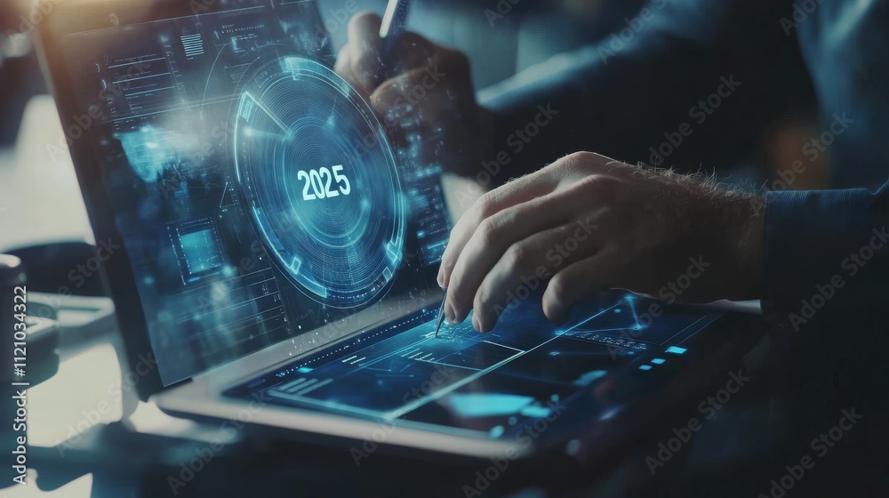 Fototapeta premium Business strategy concept for planning new year goals. Businessman holding a virtual hologram of a growth graph and a target with the text 