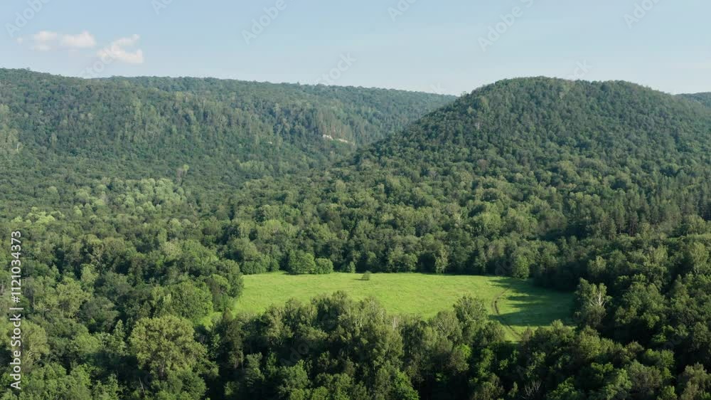 Southern Urals, Bashkortostan, the Gumerovskoye Gorge in summer. Aerial view.