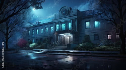 A view of a police station with rain at night. 4k animated video