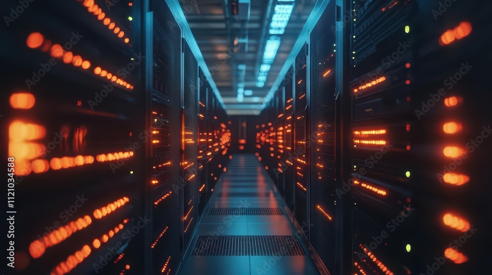 A corridor of illuminated server racks in a data center.