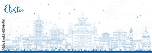 Outline Elista Russia city skyline with blue buildings. Elista cityscape with landmarks. Business travel and tourism concept with modern and historic architecture.