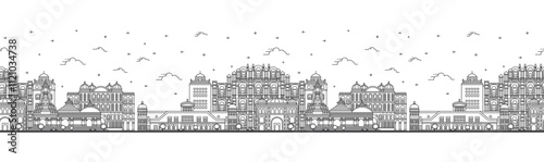 Seamless pattern with Outline Jaipur India City Skyline with Historic Buildings Isolated on White. Jaipur Cityscape with Landmarks.