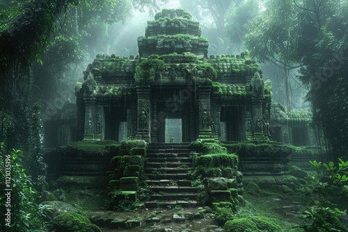 Ancient temple overgrown with moss in a misty jungle setting.