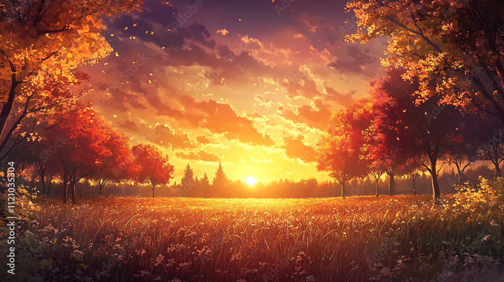 A field surrounded by deciduous trees in full autumn splendor, with a dramatic sunset in the background. 