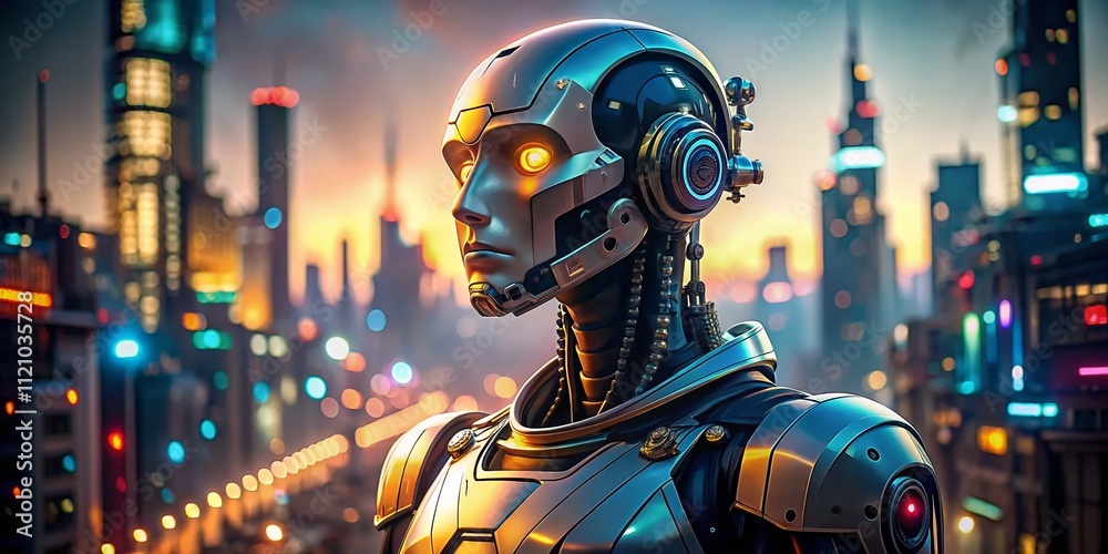 Futuristic Robot Portrait in Blurry Cityscape - AI Art