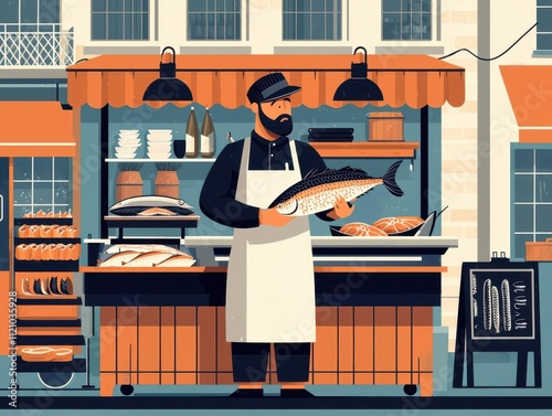 Fresh fish vendor, community market with seafood stands, flat design illustration photo