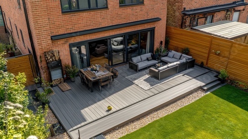 Modern gray composite deck with patio furniture. Ideal for showcasing outdoor living spaces, home design, or landscaping projects.