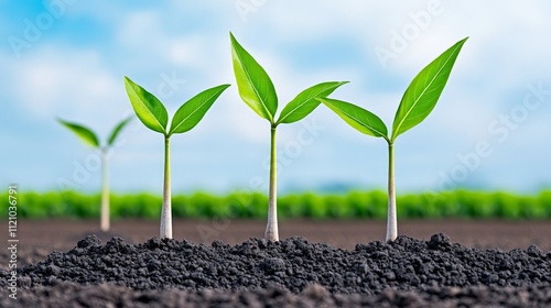 Seedlings Growth: Three vibrant green seedlings emerge from dark soil against a bright blue sky, symbolizing growth, new beginnings, and the promise of a bountiful harvest. photo