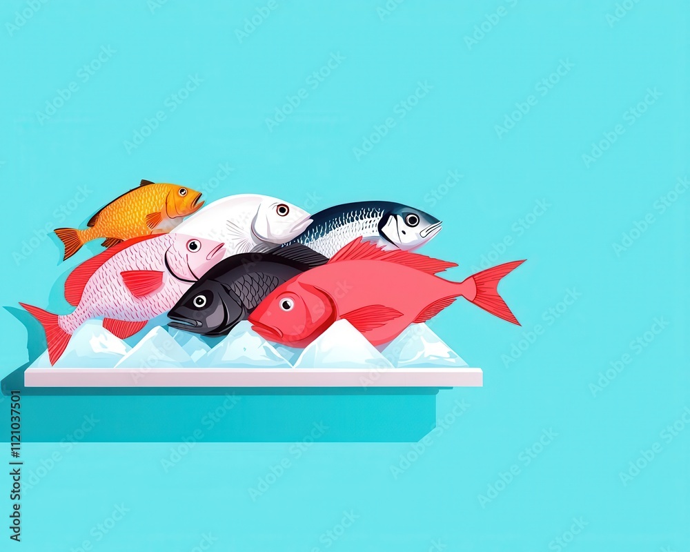 Obraz premium Fresh fish vendor, seafood displayed on ice at local market, flat design illustration