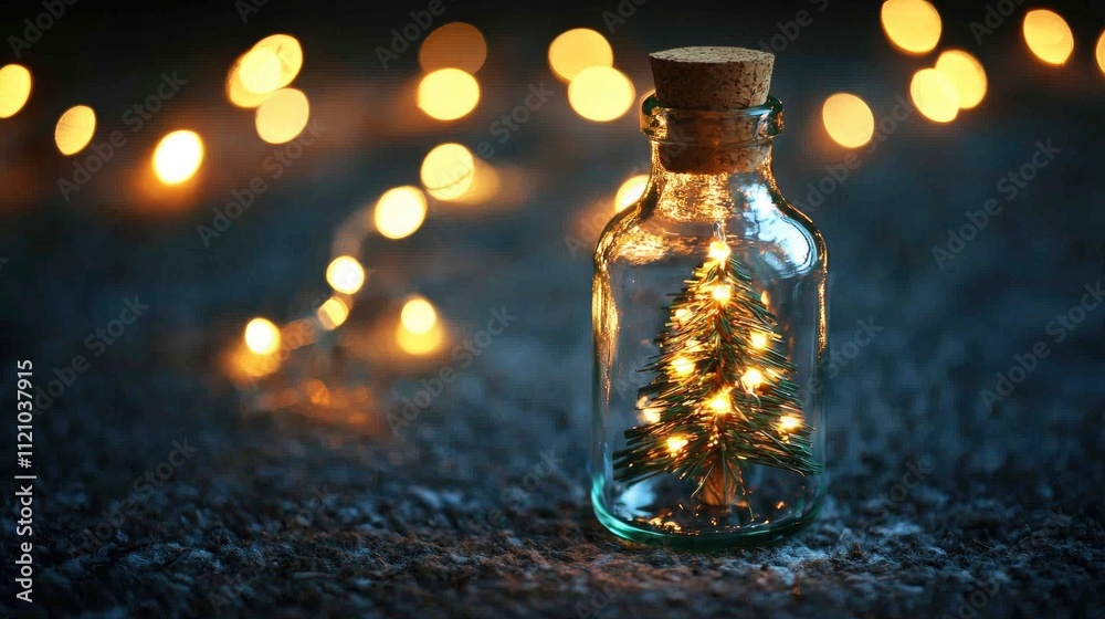 Miniature Christmas Tree in a Glass Bottle with Fairy Lights Miniature Christmas Tree in a Glass Bottle with Fairy Lights