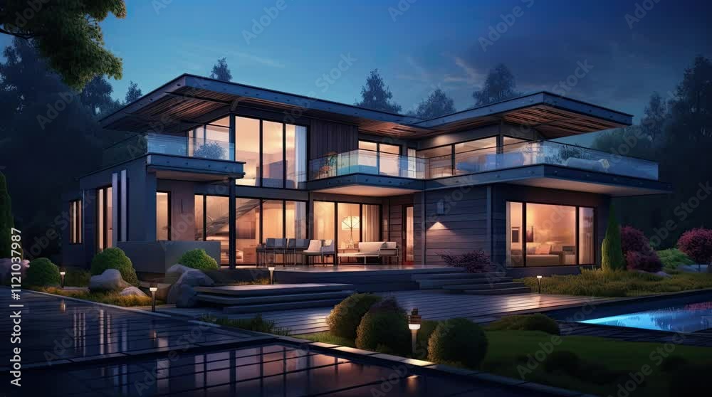 A view of a modern house. 4k animated video