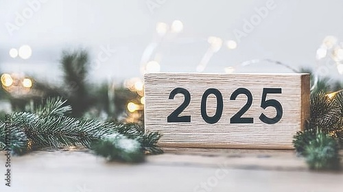 Wooden Block Displays Twenty Twenty Five Amidst Festive Greenery photo