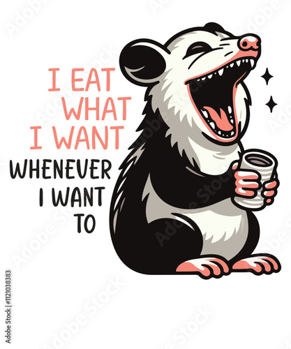 I EAT WHAT I WANT WHENEVER I WANT TO funny opossum T-shirt design vector, opossum, possum, marsupial, nocturnal, omnivore, pest control, wildlife, mammal, pouch, rodent, North American opossum,