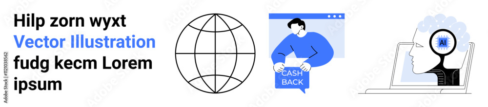 Globe grid icon, person holding Cash Back sign, head with gear on laptop. Ideal for finance, AI, technology, network, global business, marketing, web design. Landing page Globe grid icon, person holding Cash Back sign, head with gear on laptop. Ideal for finance, AI, technology, network, global business, marketing, web design. Landing page