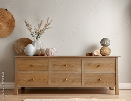 Chest of drawers with decorations in front of an empty wall 