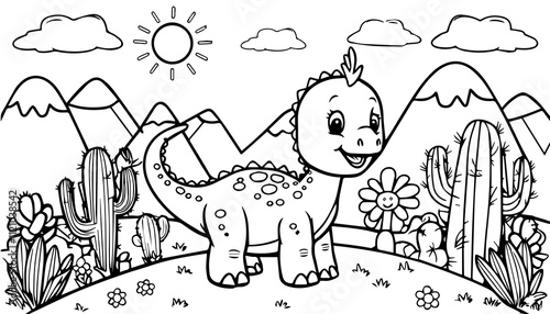 Cute Dinosaur Coloring Page with Trees and Clouds Fun and Educational Activity for Kids