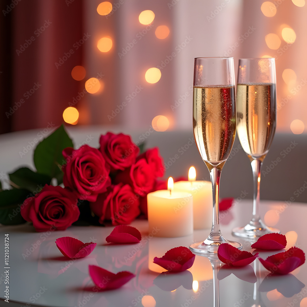 Romantic Valentine’s Day Scene with Champagne and Roses Romantic Valentine’s Day Scene with Champagne and Roses