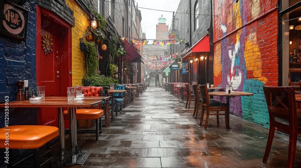 Fototapeta premium Vibrant Urban Alleyway with Colorful Murals and Empty Tables, Perfectly Capturing the Essence of a Rainy Day in a Lively City Atmosphere