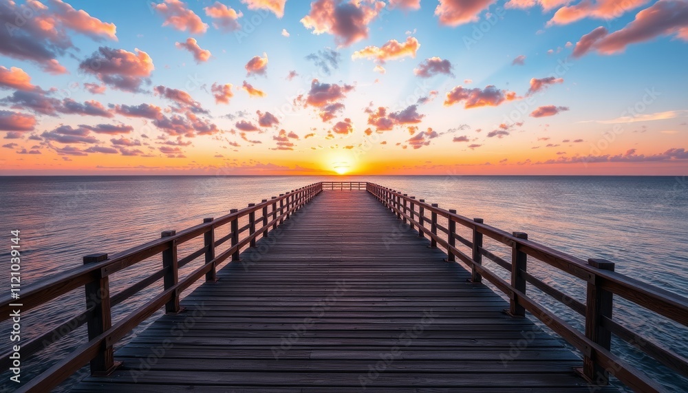Wooden Pier Extending Towards a Vibrant Sunset Over the Ocean Wooden Pier Extending Towards a Vibrant Sunset Over the Ocean