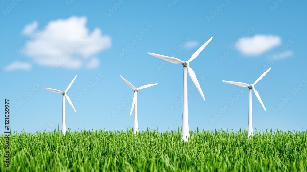 Clean Energy Wind Farm: Four sleek wind turbines stand tall amidst a vibrant green field under a bright blue sky, symbolizing sustainable power and environmental responsibility. Clean Energy Wind Farm: Four sleek wind turbines stand tall amidst a vibrant green field under a bright blue sky, symbolizing sustainable power and environmental responsibility.
