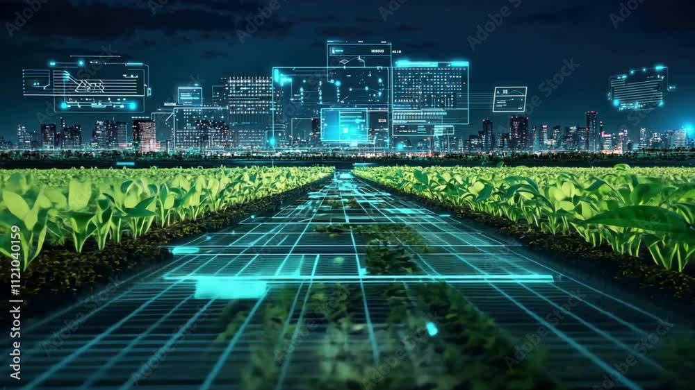 A smart agriculture control center where farmers monitor their fields through real-time data from sensors, drones, and AI systems, optimizing every aspect of production.