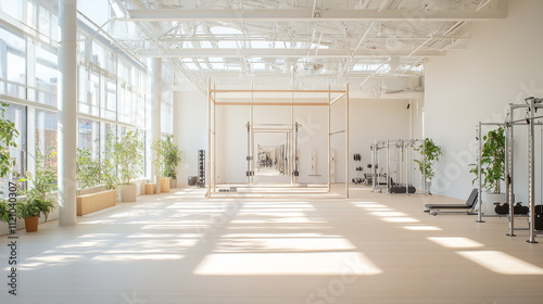 A spacious and modern gym interior featuring large windows, natural light, and greenery. open layout includes exercise equipment and minimalist design, creating an inviting atmosphere for fitness enth photo