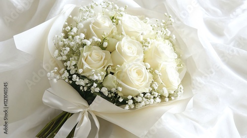 Fototapeta Naklejka Na Ścianę i Meble -  A bridal-inspired bouquet of white roses and baby's breath wrapped in pearlescent white paper, secured with a satin bow, on white