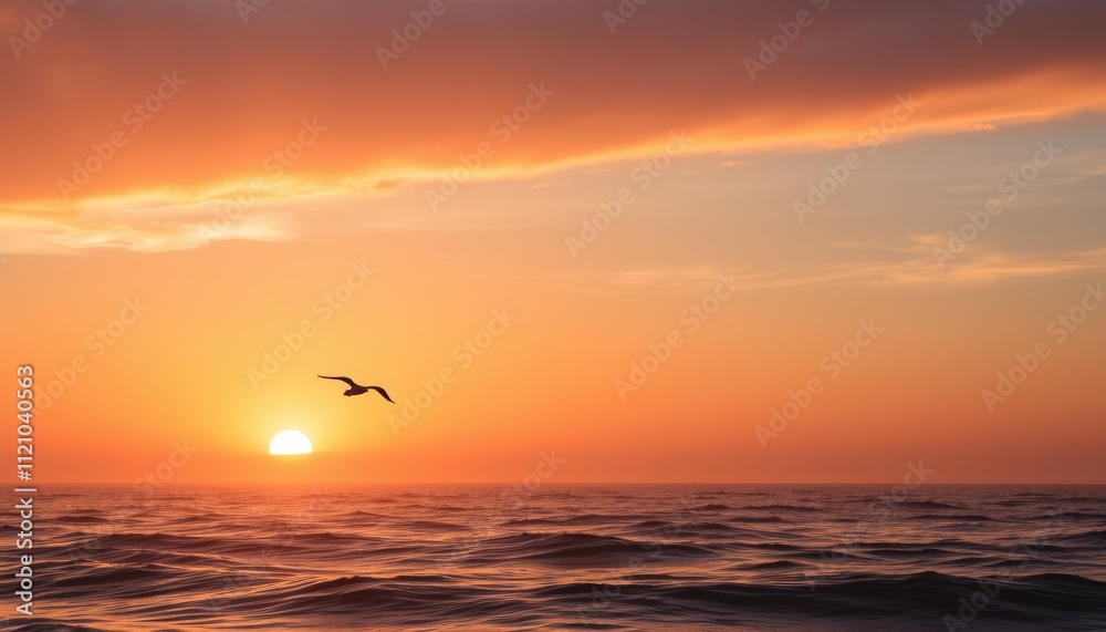 Serene Sunset Ocean Scene With Lone Bird In Flight Serene Sunset Ocean Scene With Lone Bird In Flight