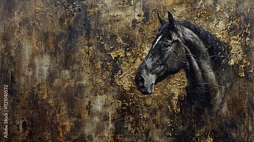 Artistic portrayal of a horse head on textured metallic background