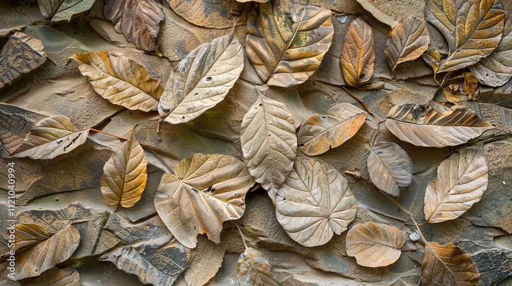 Naklejka premium Metallic bronze leaves with textured veins on a dark background