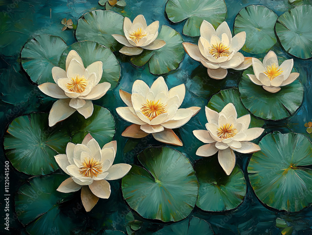 painting of white water lilies with yellow centers floating on a water surface surrounded by green lily pads. The water has a reflective quality painting of white water lilies with yellow centers floating on a water surface surrounded by green lily pads. The water has a reflective quality