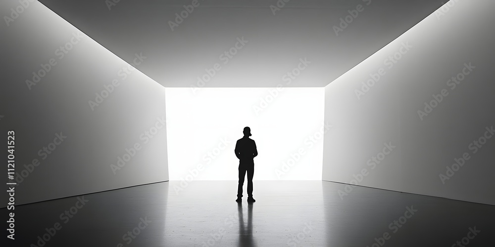 A solitary figure stands in a minimalist space illuminated by a bright, expansive light. A solitary figure stands in a minimalist space illuminated by a bright, expansive light.