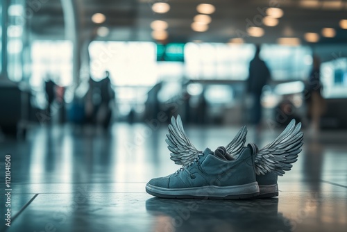 A pair of shoes with wings on them, set against a busy airport scene, representing the fast-paced lifestyle and constant travel photo